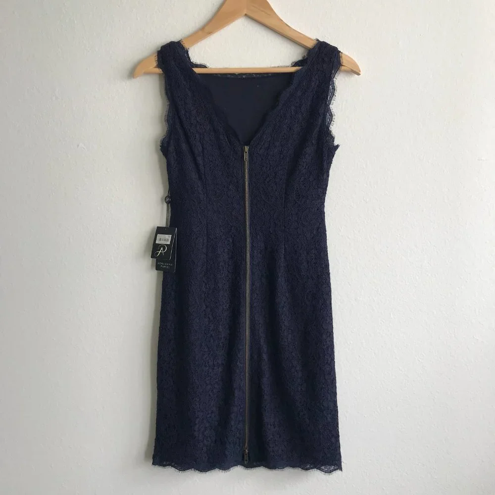 NWT Adrianna Papell Navy Sleeveless Scalloped Lace Sheath Dress Size 4 - Picture 8 of 12
